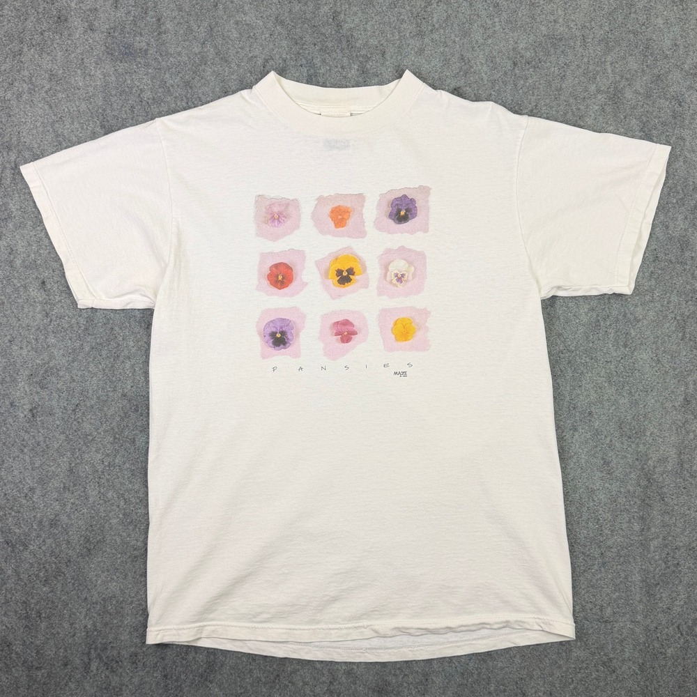 Vintage 1995 Maze Pansies Graphic T-Shirt White Floral 90s Cottagecore Large